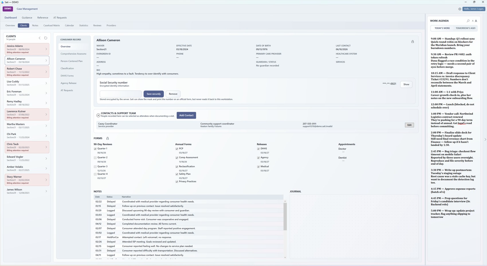 Sati consumer record bringing client information, forms, contacts, notes, and the work agenda together
