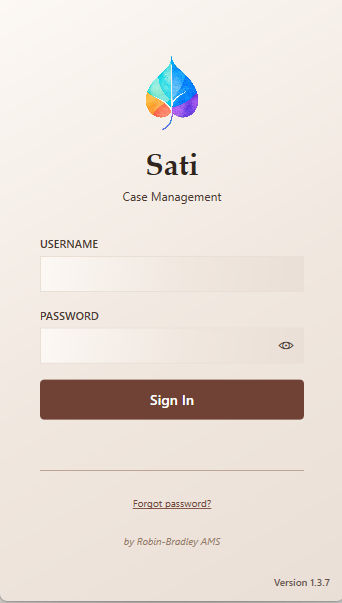 Sati case management sign-in screen with the multicolor leaf mark